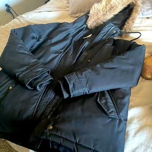 Small black old navy coat with faux fur hood